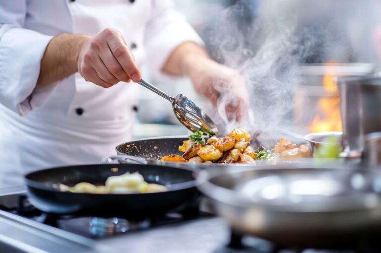 Ein professioneller Koch bereitet ein mehrgängiges Menü für ein Fine-Dining-Event zu und achtet dabei auf jede Phase der Zubereitung.