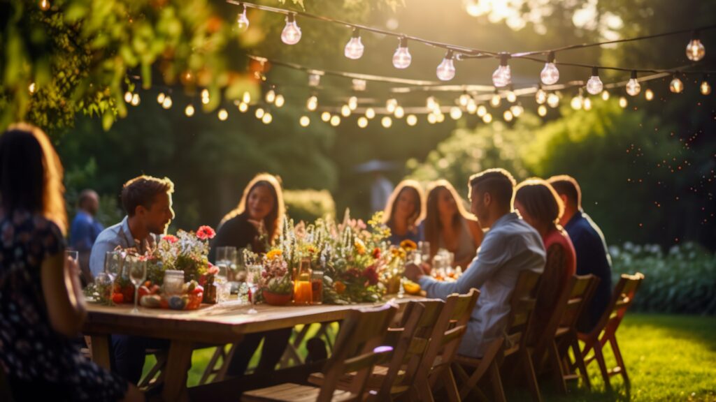 Autumn barbecue party with friends. Happy couple friends enjoying dinner, toasting wine glasses at summer table on house patio with string lights, digital ai